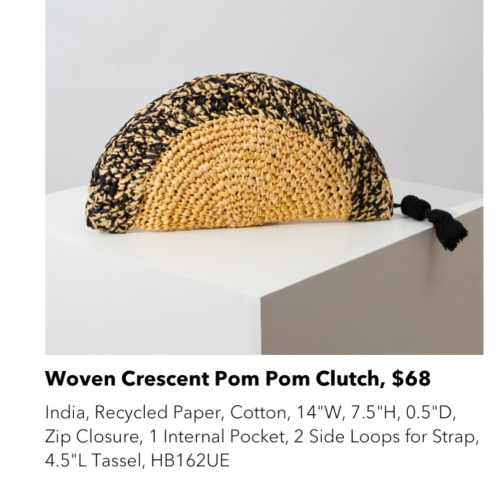 Woven crescent Pom Pom clutch